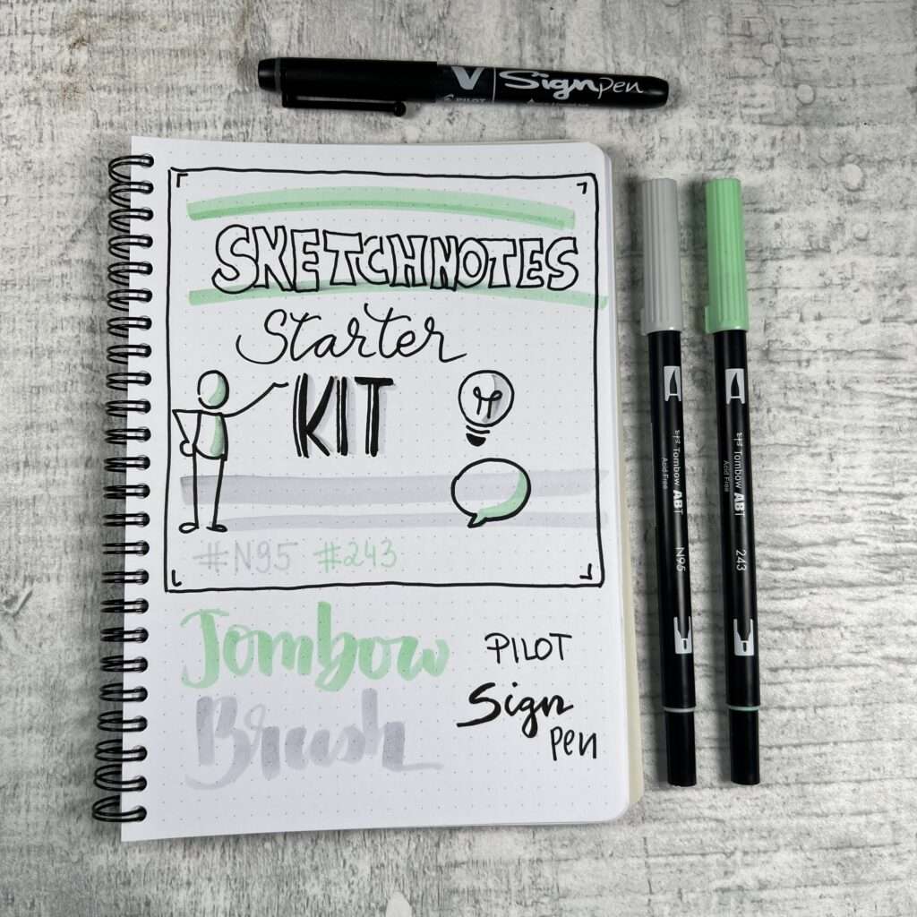 Sketchnotes Starter Kit, Sign Pen schwarz, Tombow ABT Farbe Pure Paper Block