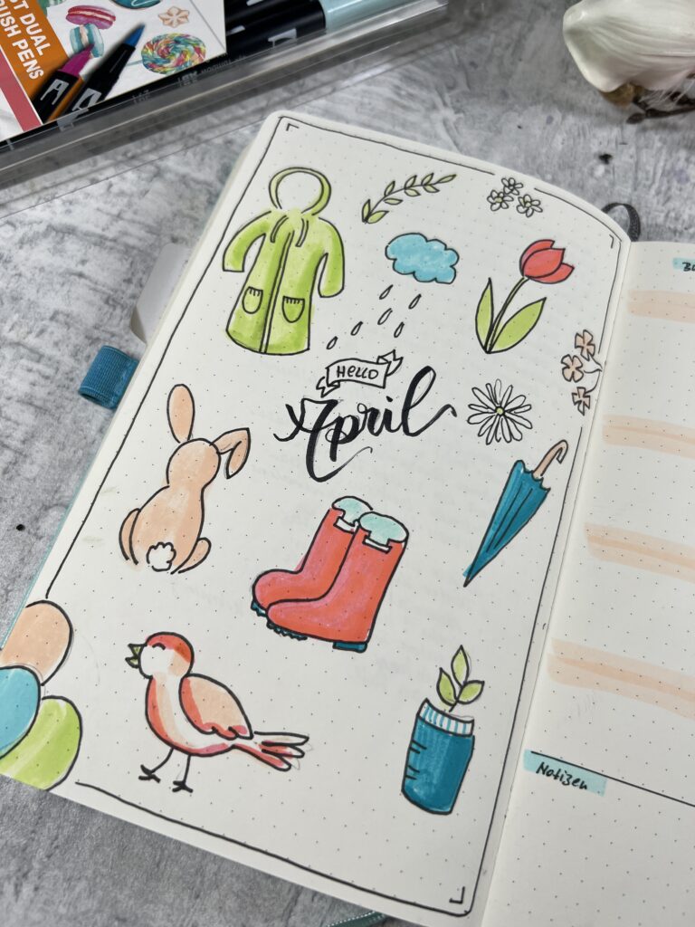 Bullet Journal Monatsübersicht April Spring Doodles