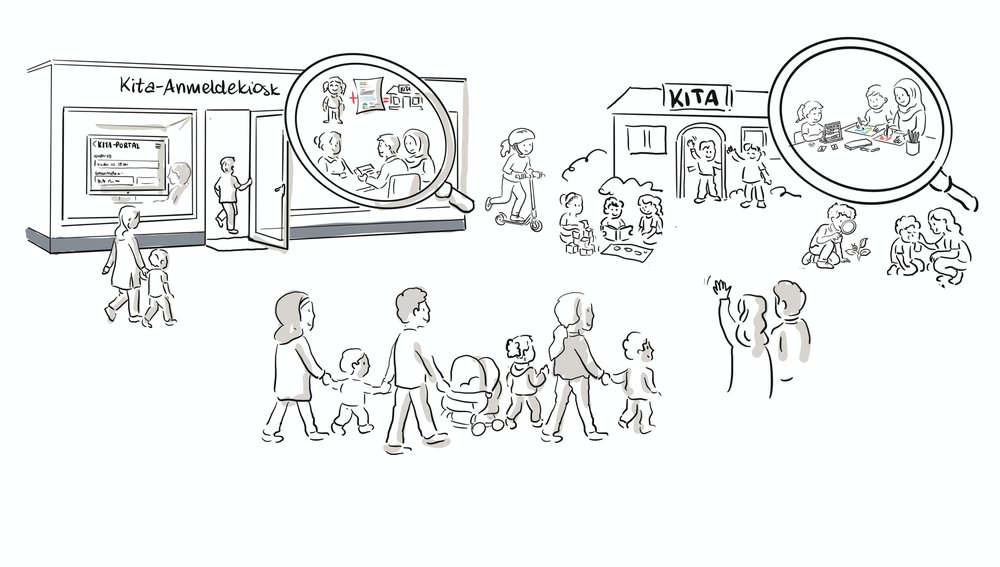 Zusammengesetztes Gesamtbild der AWO-Illustration in Schwarz-Weiß